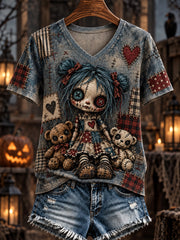 Women's Halloween Creepy Dolls Print Casual V-Neck Tee gracestitchs