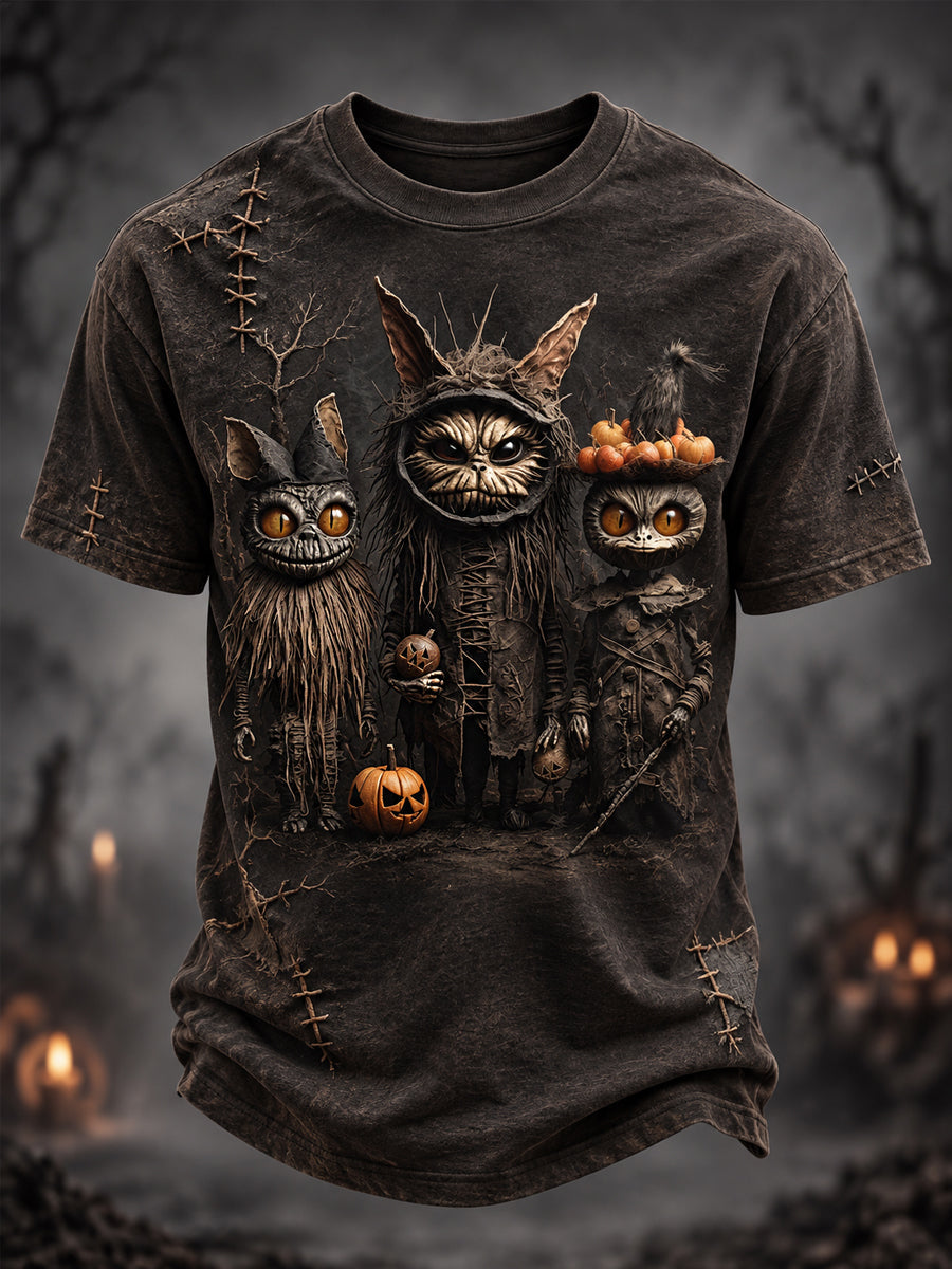 Men's Halloween Creepy Dolls Cats Print Casual Tee gracestitchs
