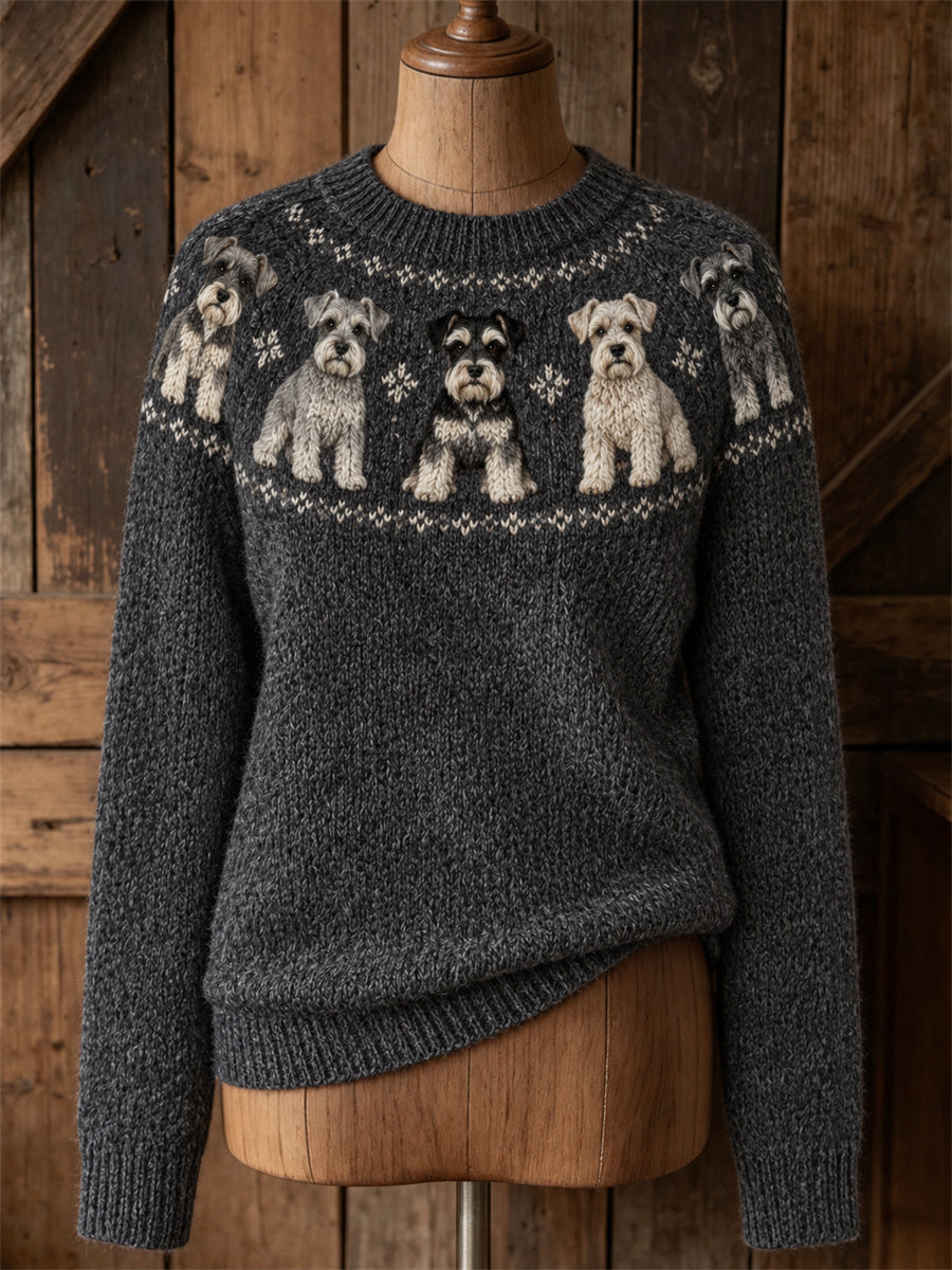 Women's Vintage Schnauzer Dogs Yoke Isle Print crew neck sweater gracestitchs