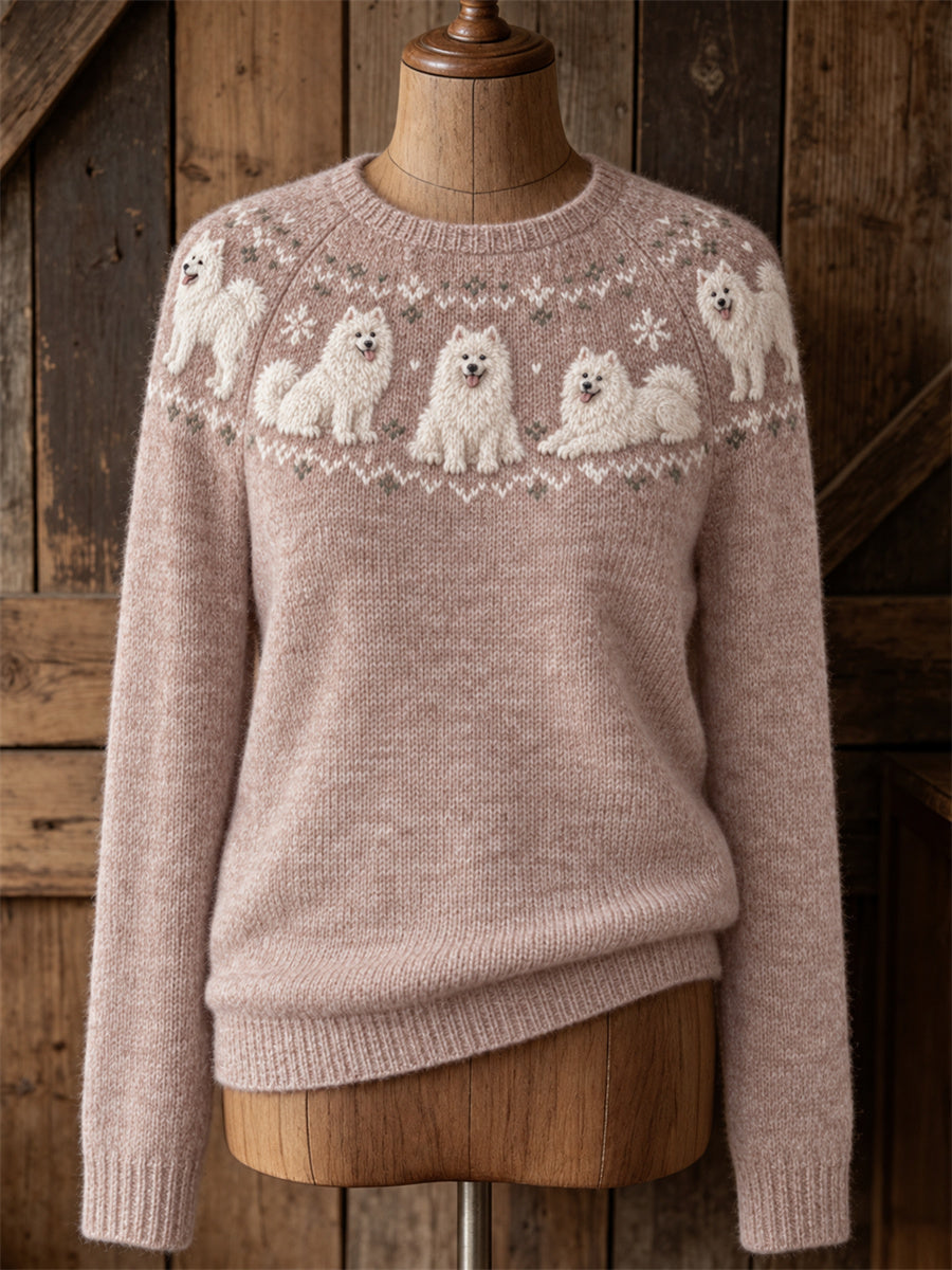 Women's Vintage Samoyed Dogs Yoke Isle Print crew neck sweater gracestitchs