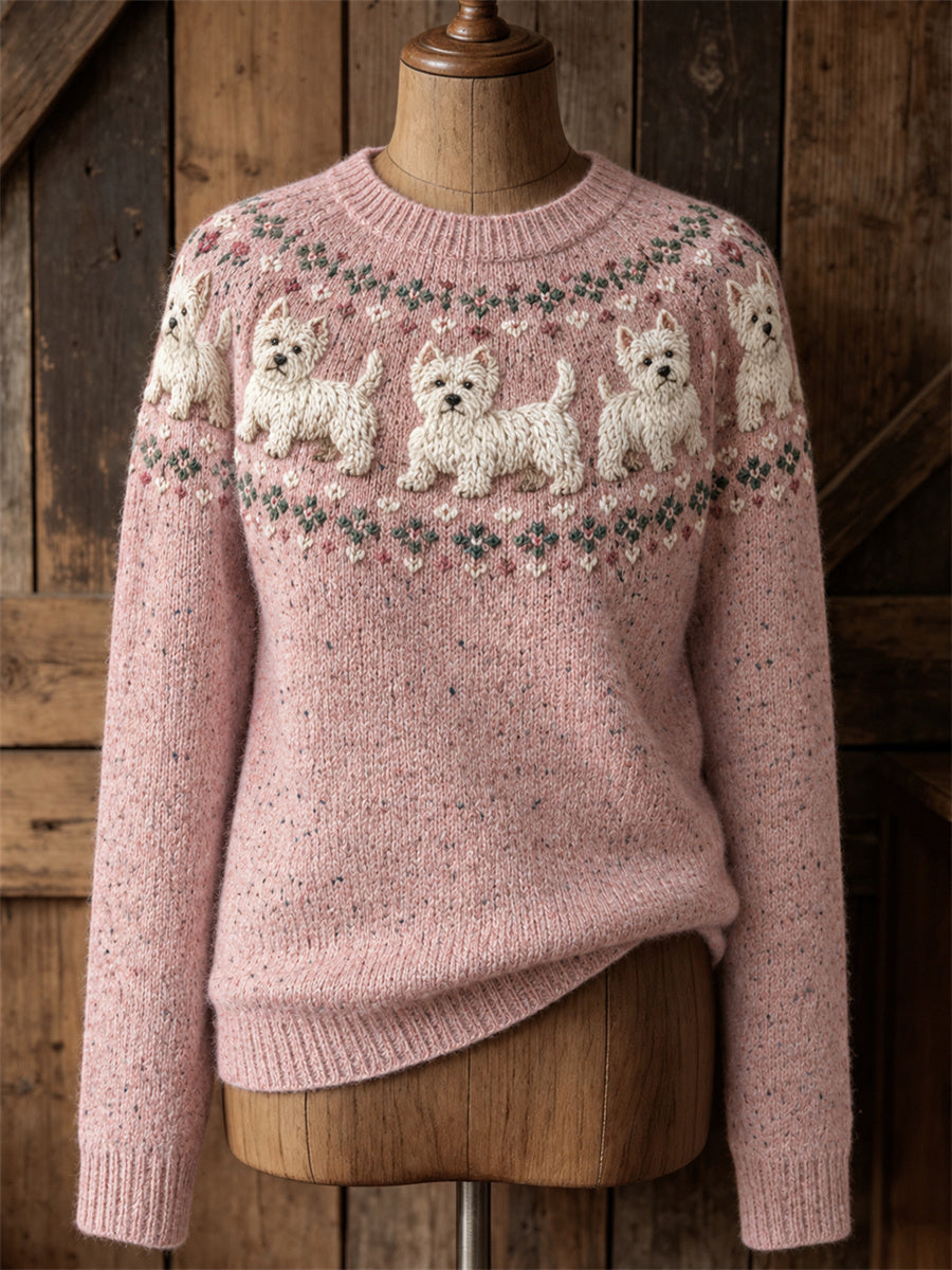 Women's Vintage West Highland White Terrier Dogs Yoke Isle Print crew neck sweater gracestitchs