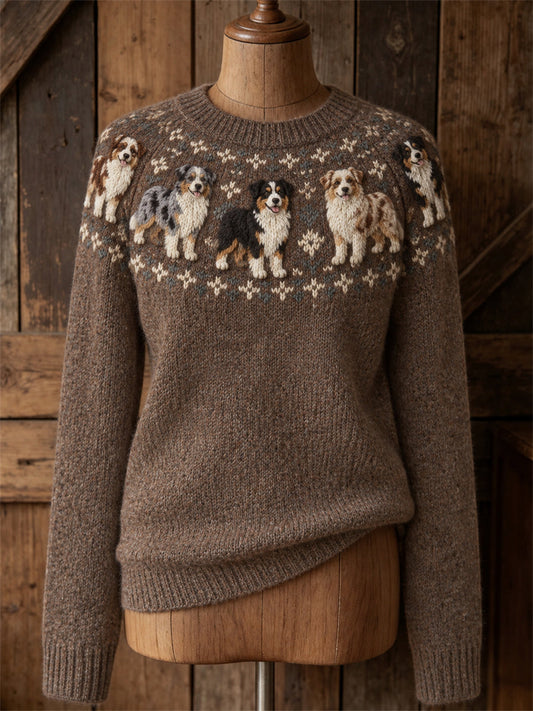 Women's Vintage Australian Shepherd Dogs Yoke Isle Print crew neck sweater gracestitchs