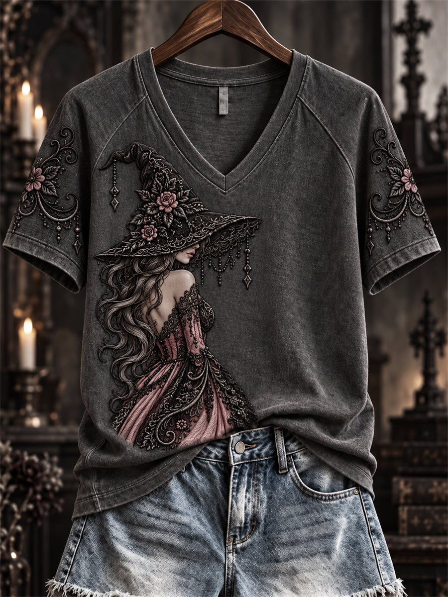 Women's Halloween Gothic Pink Witch Lace Art Print short-sleeved T-shirt gracestitchs