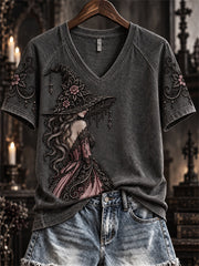 Women's Halloween Gothic Pink Witch Lace Art Print short-sleeved T-shirt gracestitchs