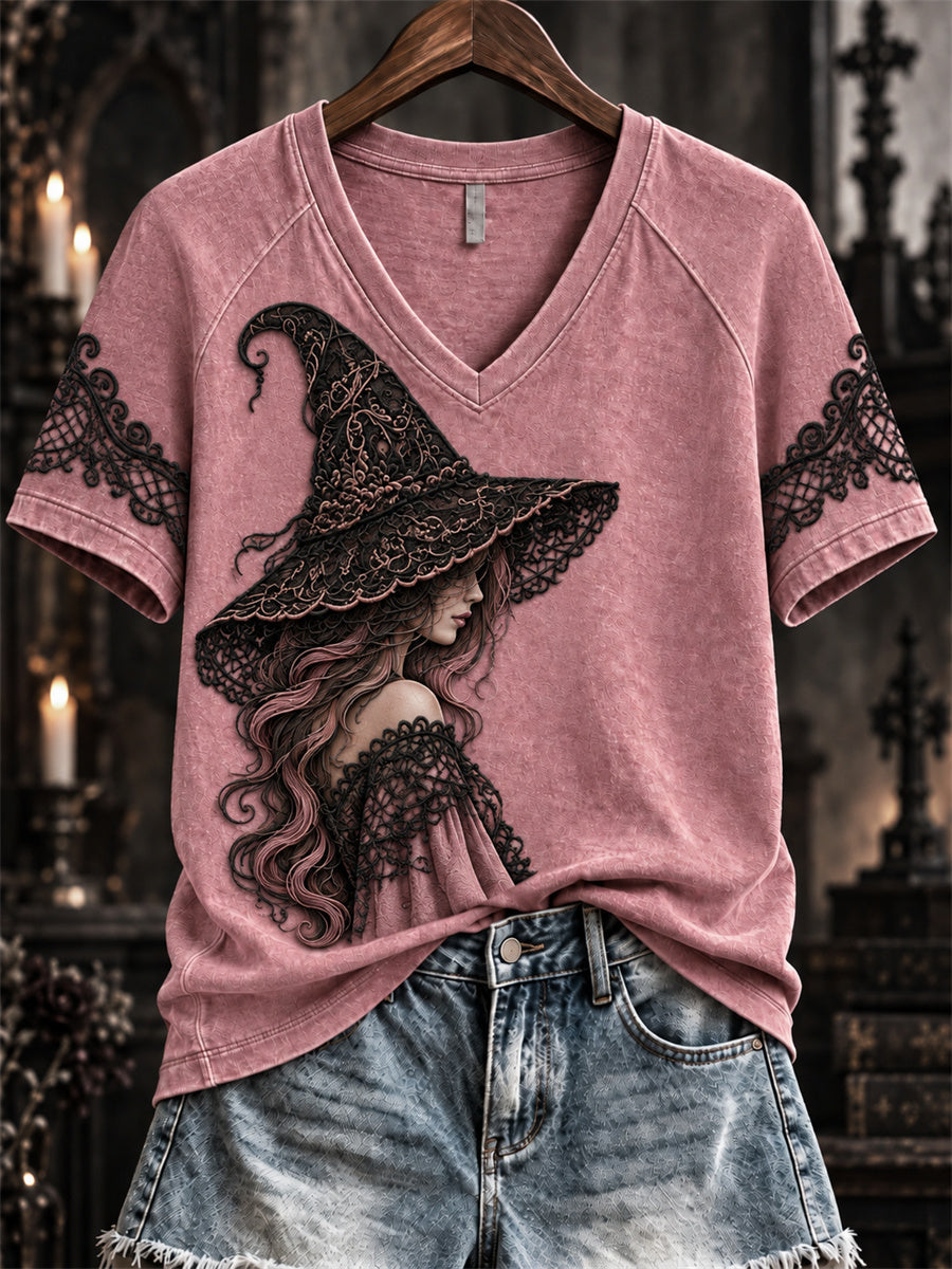 Women's Halloween Gothic Witch Lace Art Print short-sleeved T-shirt gracestitchs