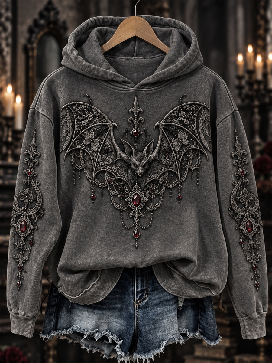 Women's Halloween Gothic Lace Bat Art Print Cozy Hoodie gracestitchs