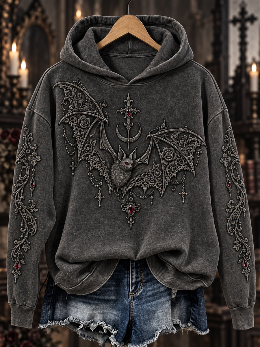 Women's Halloween Gothic Lace Bat Art Print Cozy Hoodie gracestitchs