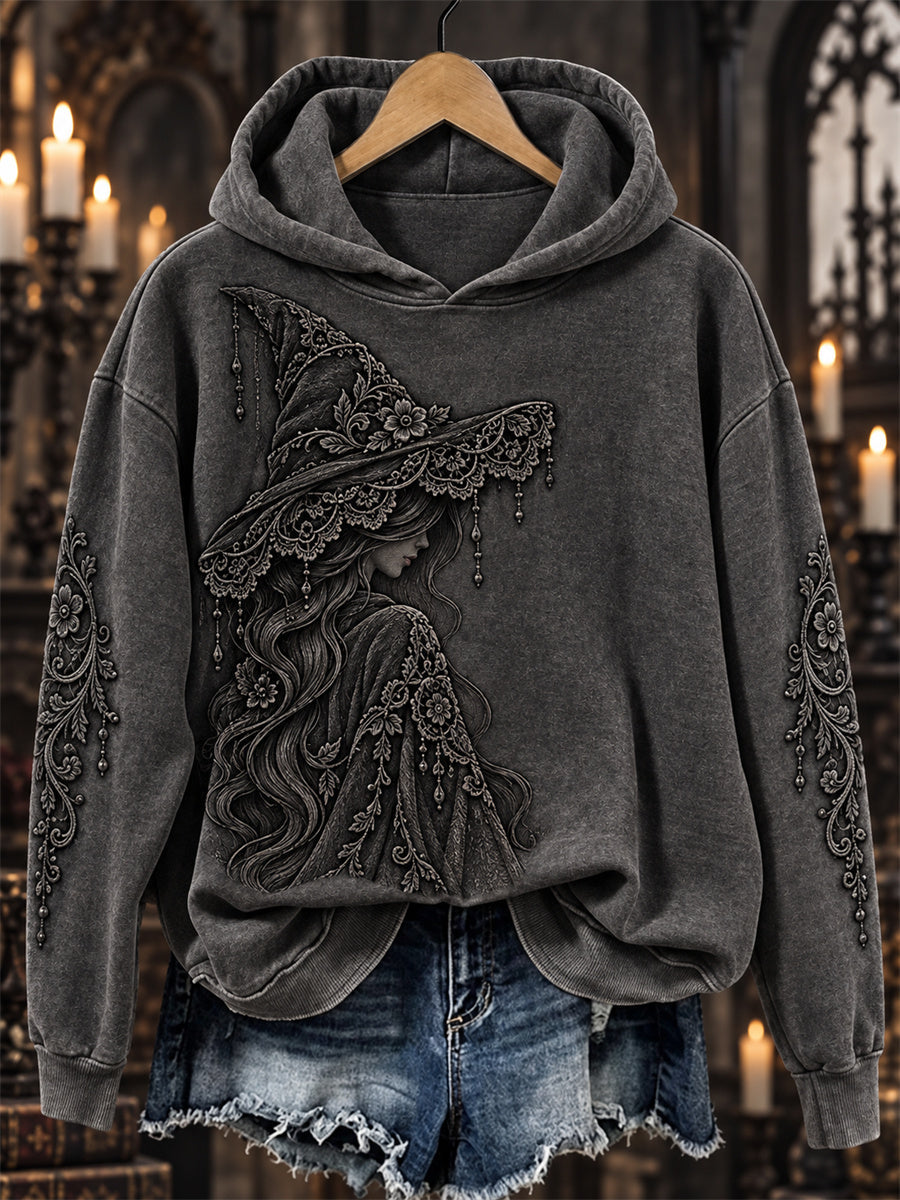 Women's Halloween Gothic Witch Lace Art Print Cozy Hoodie gracestitchs
