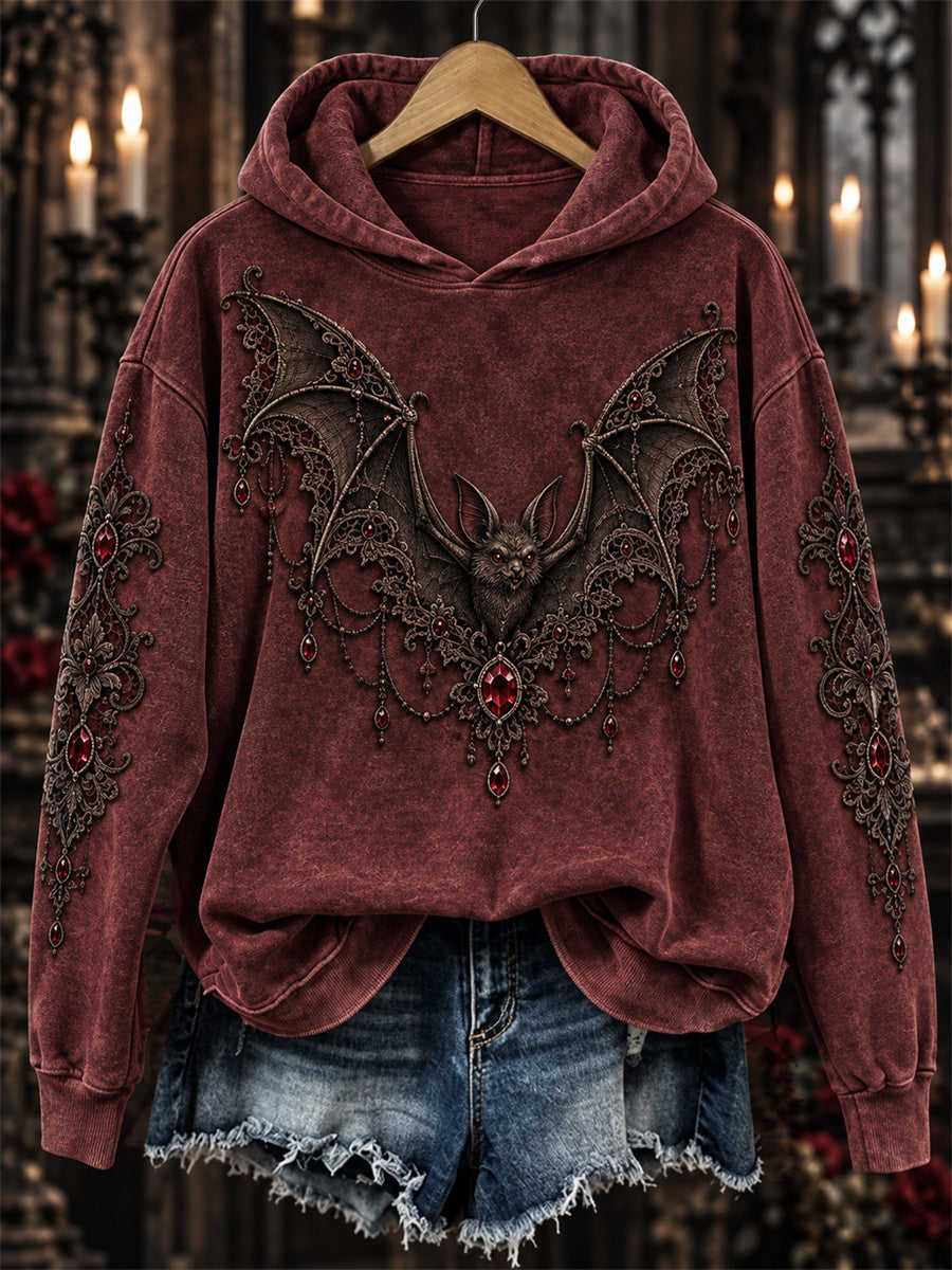 Women's Halloween Gothic Lace Bat Art Print Cozy Hoodie gracestitchs