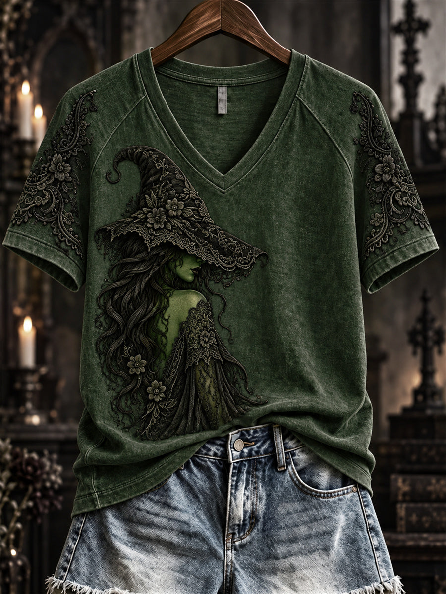 Women's Halloween Gothic Witch Lace Art Print short-sleeved T-shirt gracestitchs