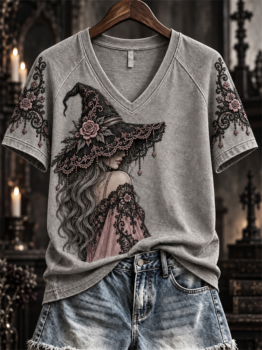 Women's Halloween Gothic Pink Witch Lace Art Print short-sleeved T-shirt gracestitchs