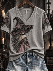 Women's Halloween Gothic Pink Witch Lace Art Print short-sleeved T-shirt gracestitchs