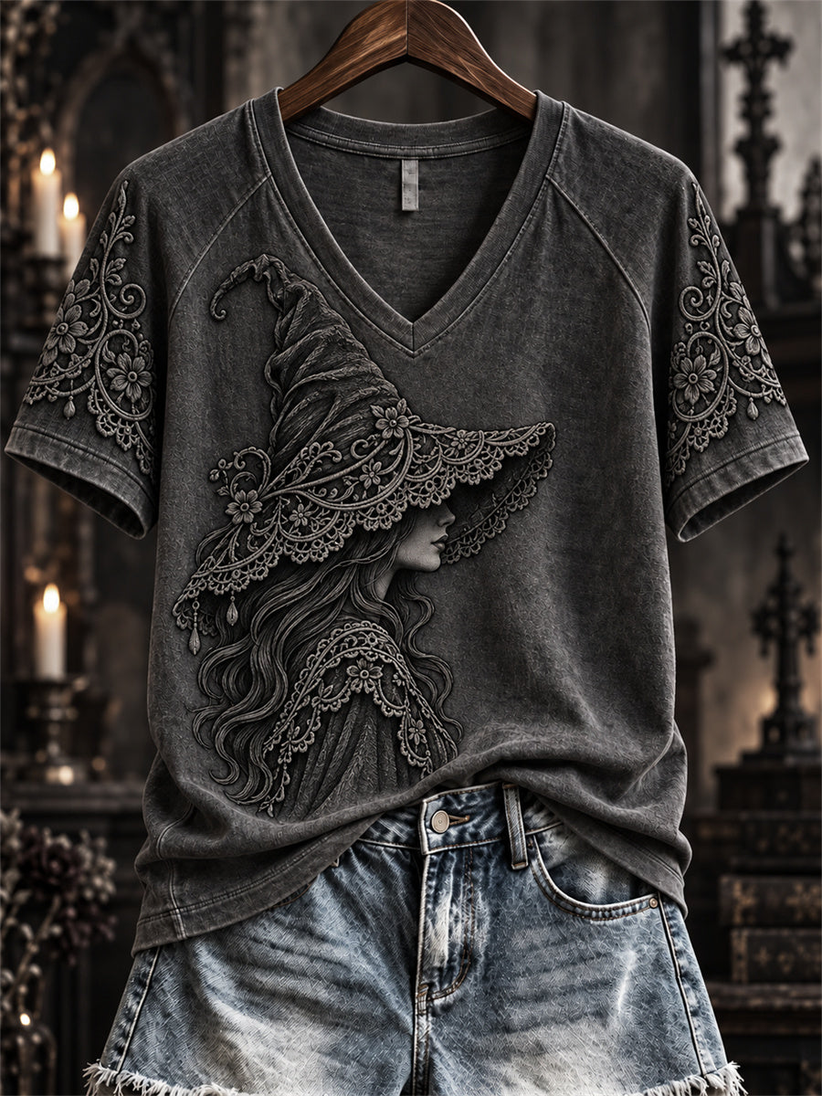 Women's Halloween Gothic Witch Lace Art Print short-sleeved T-shirt gracestitchs