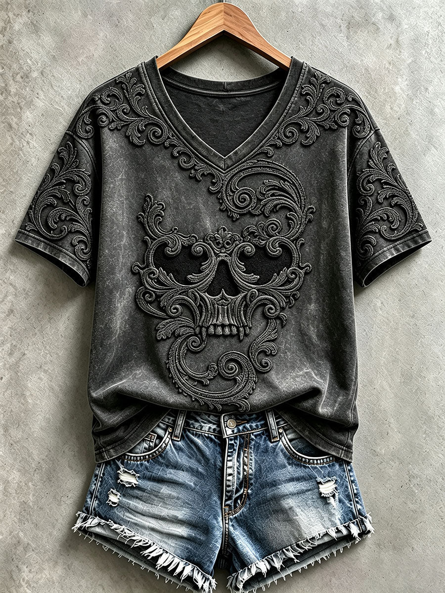 Women's Halloween Skull V-Neck T-Shirts gracestitchs