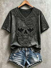 Women's Halloween Skull V-Neck T-Shirts gracestitchs
