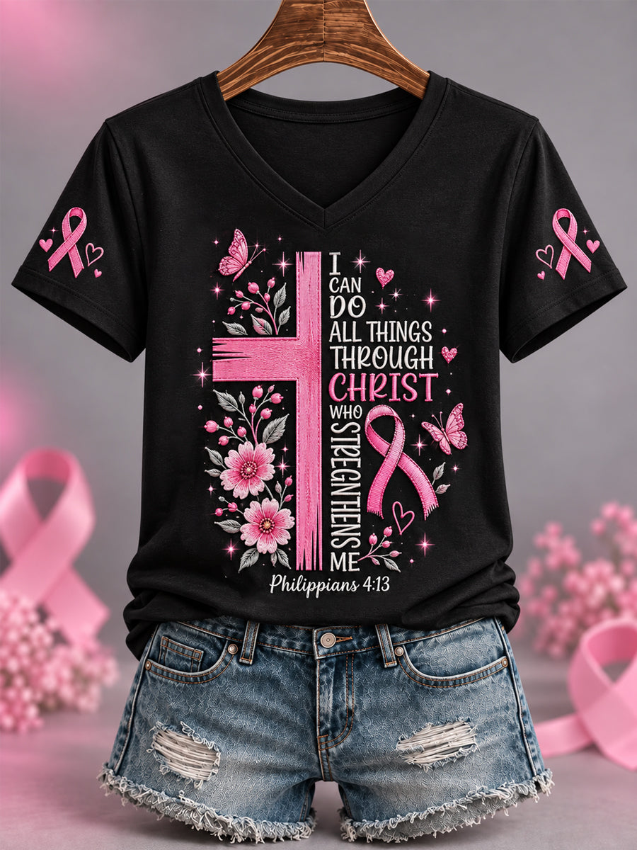 Women's Pink Ribbon Cross Faith Print Breast Cancer Awareness Support V-Neck Tee gracestitchs