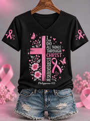 Women's Pink Ribbon Cross Faith Print Breast Cancer Awareness Support V-Neck Tee gracestitchs
