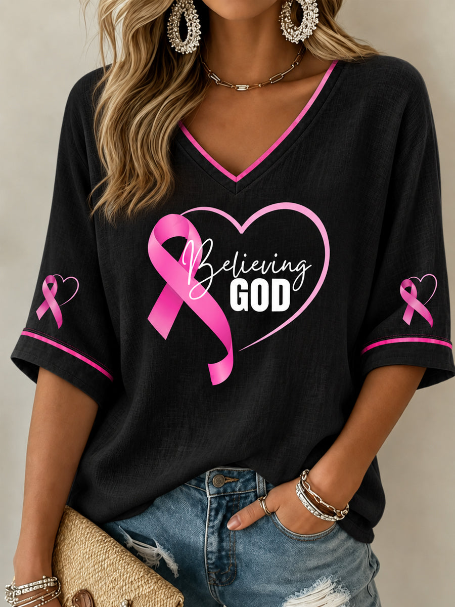 Women's Breast Cancer Awareness Pink Ribbon Support Mid-length Sleeves V-Neck T-Shirt gracestitchs