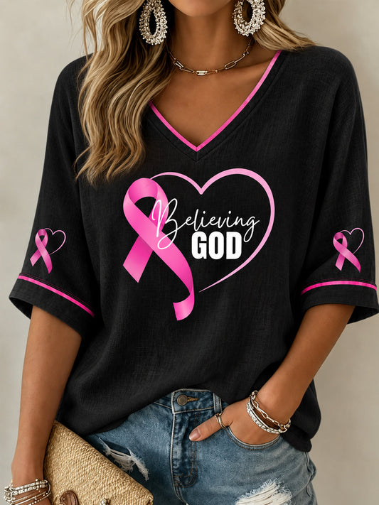 Women's Breast Cancer Awareness Pink Ribbon Support Mid-length Sleeves V-Neck T-Shirt gracestitchs
