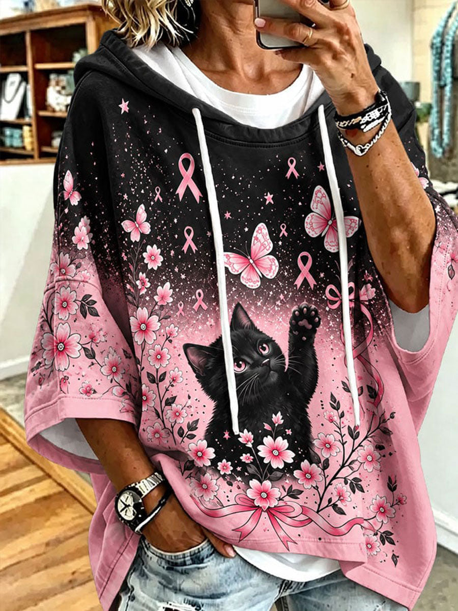 Women's Breast Cancer Awareness Cat Print Casual Hoodie gracestitchs