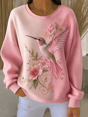Women's Hummingbird Art Print Ribbed Round-Neck Sweatshirt gracestitchs
