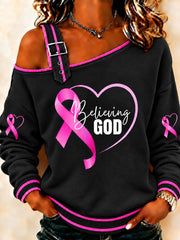 Women's Breast Cancer Awareness Pink Ribbon Support Print Casual Off-Shoulder Sweatshirt gracestitchs