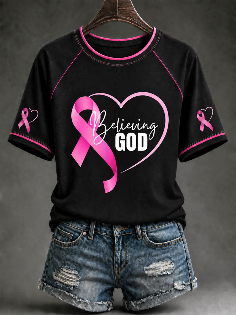 Women's Breast Cancer Awareness Pink Ribbon Support O-Neck T-Shirt gracestitchs