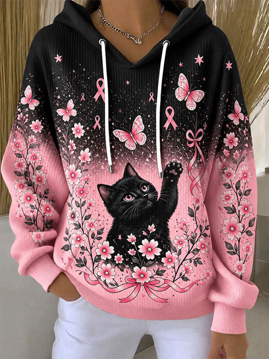 Women's Breast Cancer Awareness Cat Print Casual Hoodie gracestitchs