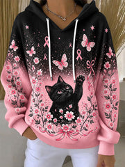 Women's Breast Cancer Awareness Cat Print Casual Hoodie gracestitchs