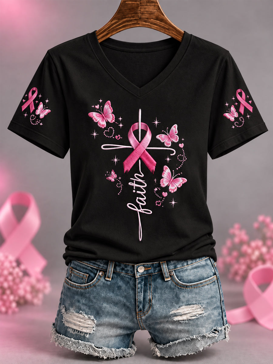 Women's Pink Ribbon Butterfly Cross Faith Print Breast Cancer Awareness Support V-Neck Tee gracestitchs