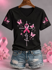 Women's Pink Ribbon Butterfly Cross Faith Print Breast Cancer Awareness Support V-Neck Tee gracestitchs