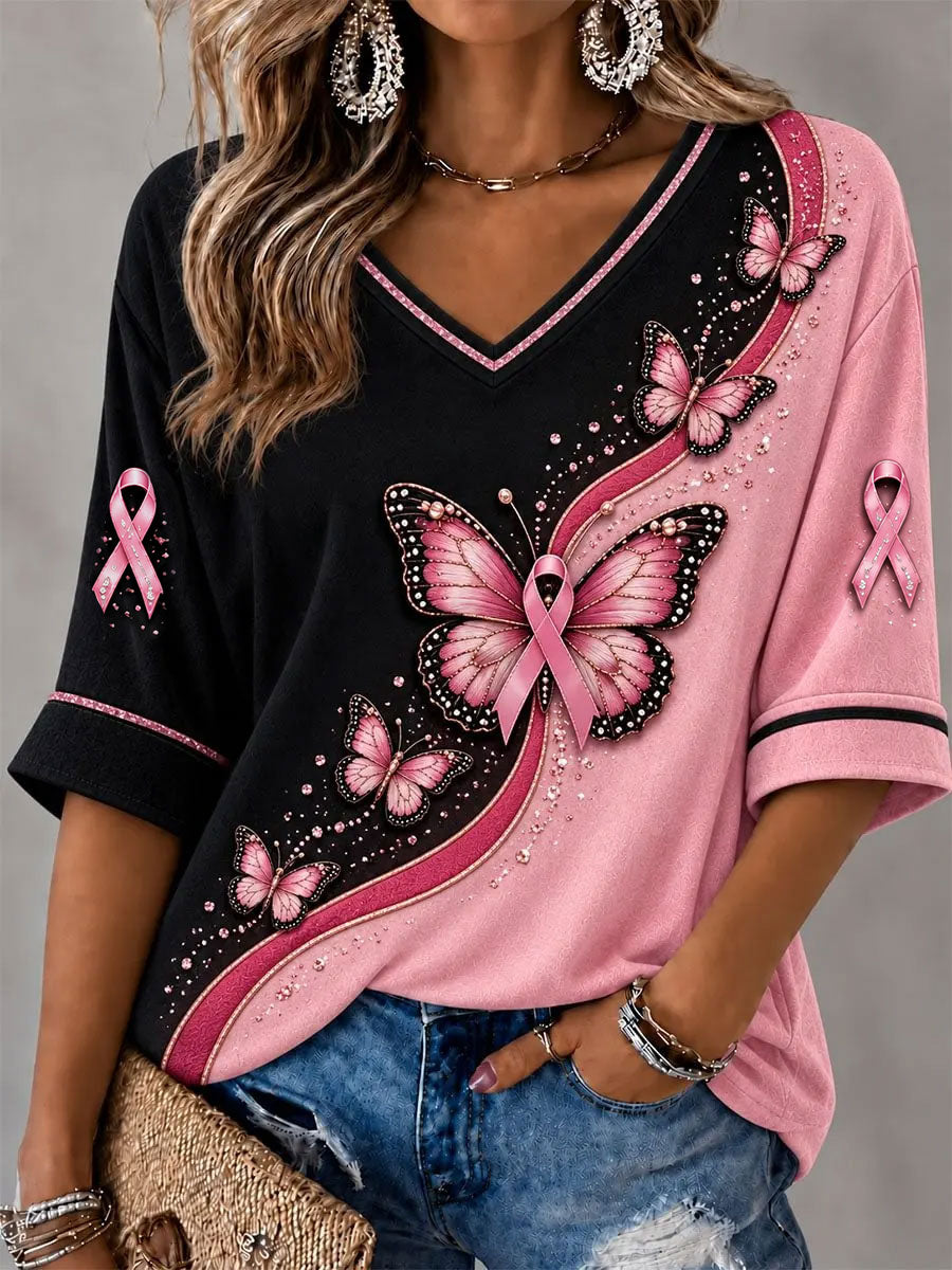 Women's Breast Cancer Pink Butterfly Mid-length Sleeves V-Neck T-Shirt gracestitchs