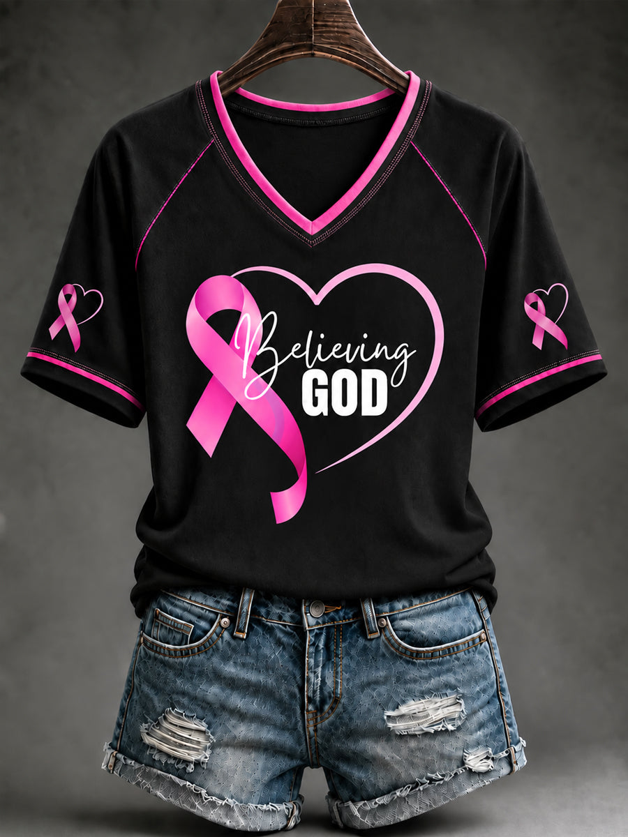 Women's Breast Cancer Awareness Pink Ribbon Support V-neck  Short Sleeve T-shirt gracestitchs