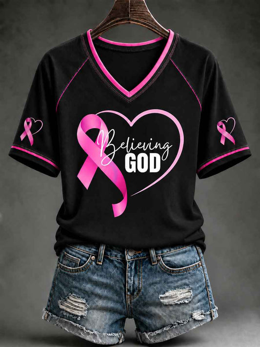 Women's Breast Cancer Awareness Pink Ribbon Support V-neck  Short Sleeve T-shirt