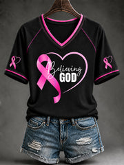 Women's Breast Cancer Awareness Pink Ribbon Support V-neck  Short Sleeve T-shirt gracestitchs