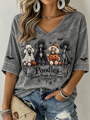 Women's Halloween-Themed Dog Pattern Casual Mid-length Sleeves V-Neck T-Shirt gracestitchs