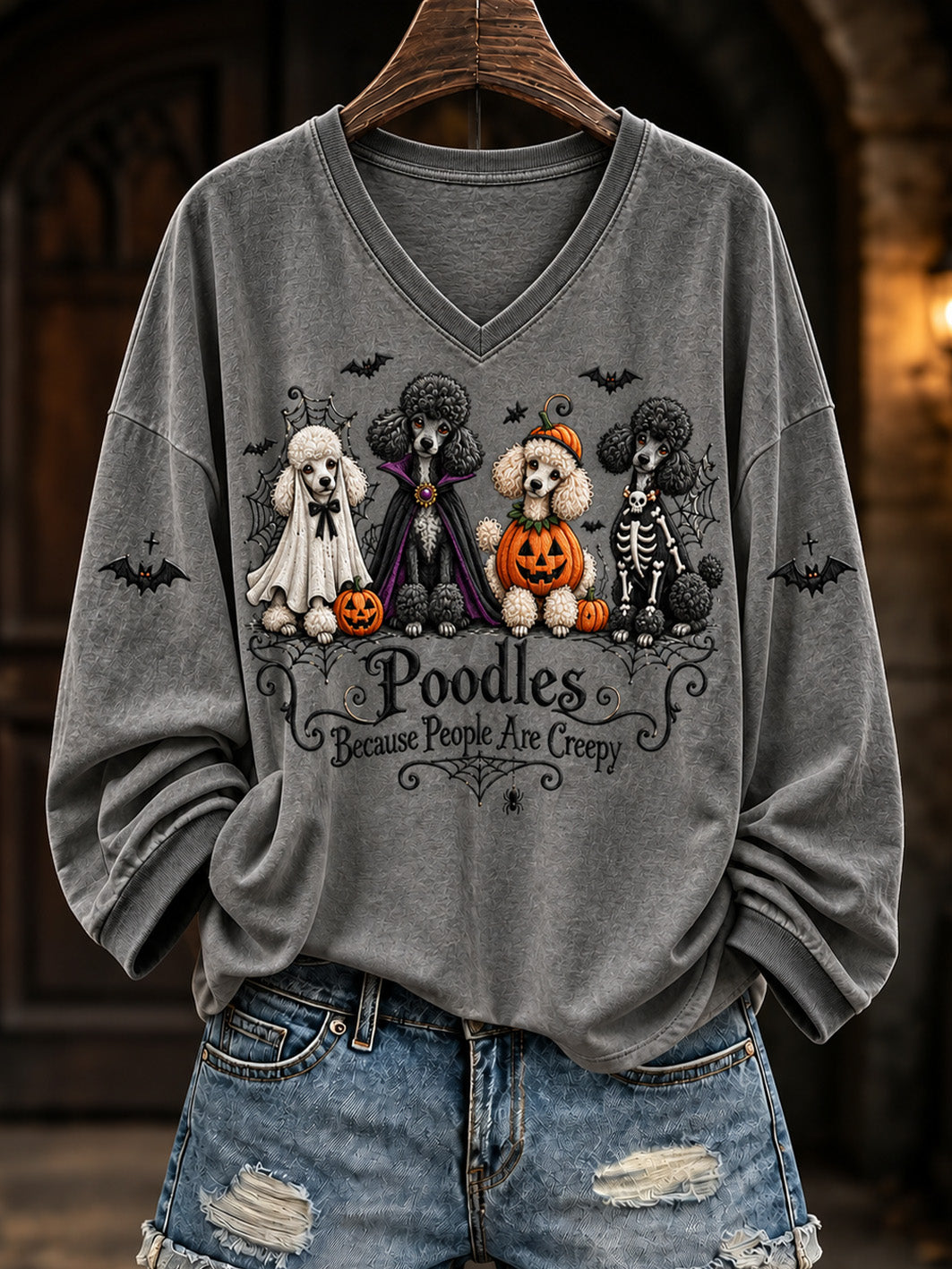 Women's Halloween-Themed Dog Pattern Casual V-Neck T-Shirt gracestitchs