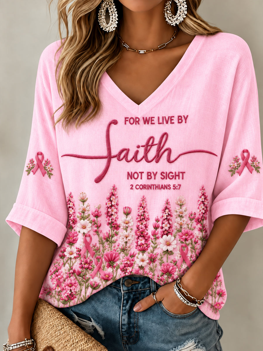 Women's Breast Cancer Awareness Pink Ribbon Support Mid-length Sleeves V-Neck T-Shirt gracestitchs