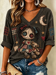 Women's Halloween Creepy Dolls Print Casual Half-Sleeve V-Neck T-Shirt gracestitchs