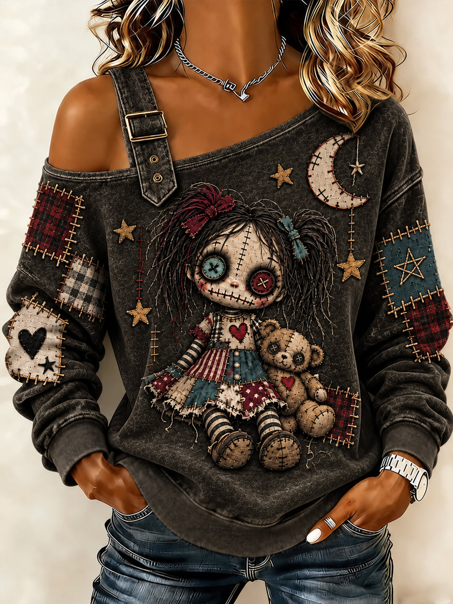 Women's Halloween Creepy Dolls Print Casual Off-Shoulder Sweatshirt gracestitchs