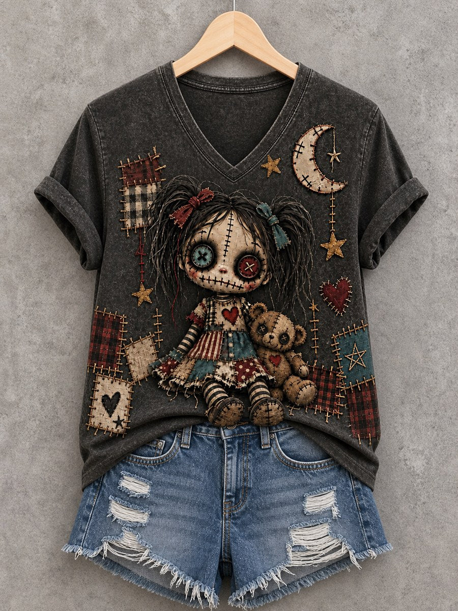 Women's Halloween Creepy Dolls Print Casual V-Neck Tee gracestitchs
