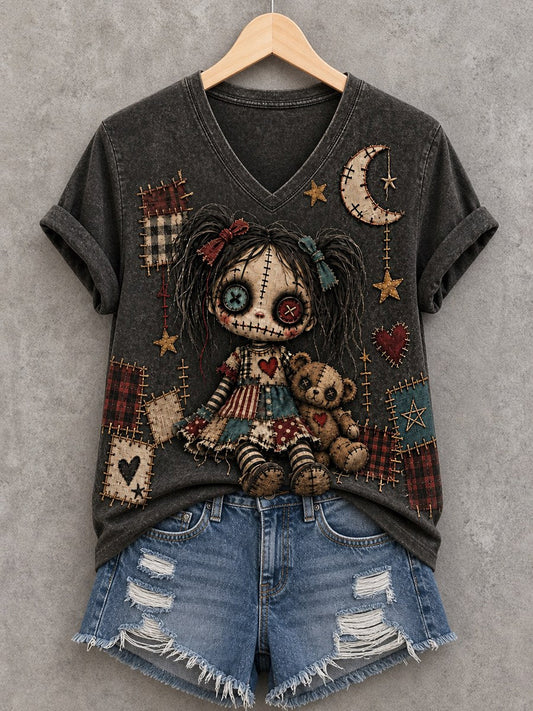 Women's Halloween Creepy Dolls Print Casual V-Neck Tee gracestitchs