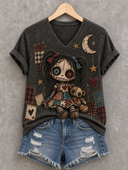 Women's Halloween Creepy Dolls Print Casual V-Neck Tee gracestitchs