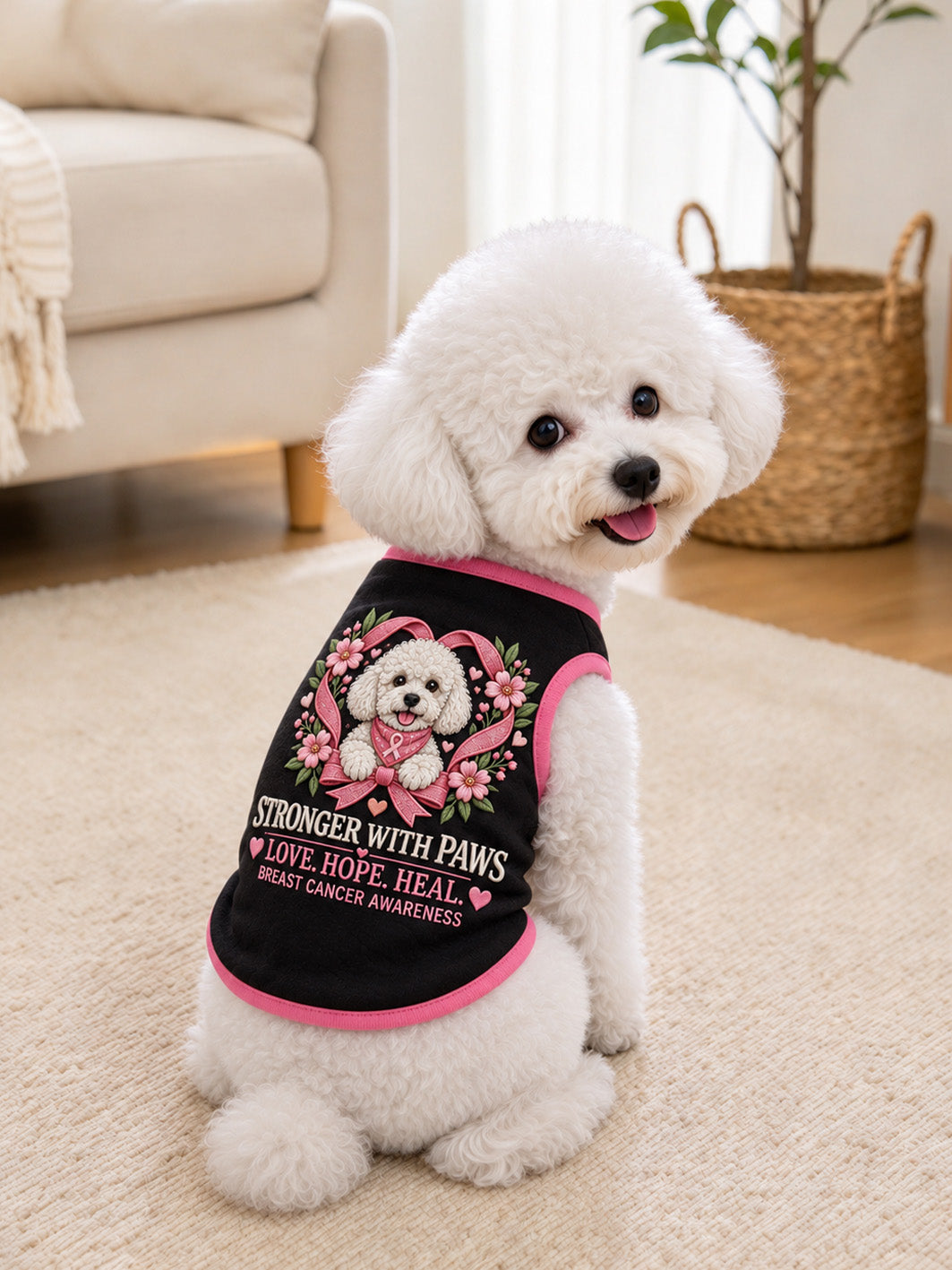 Stronger With Paws and Pink Awareness Ribbon Pattern Pet Sleeveless Vest gracestitchs