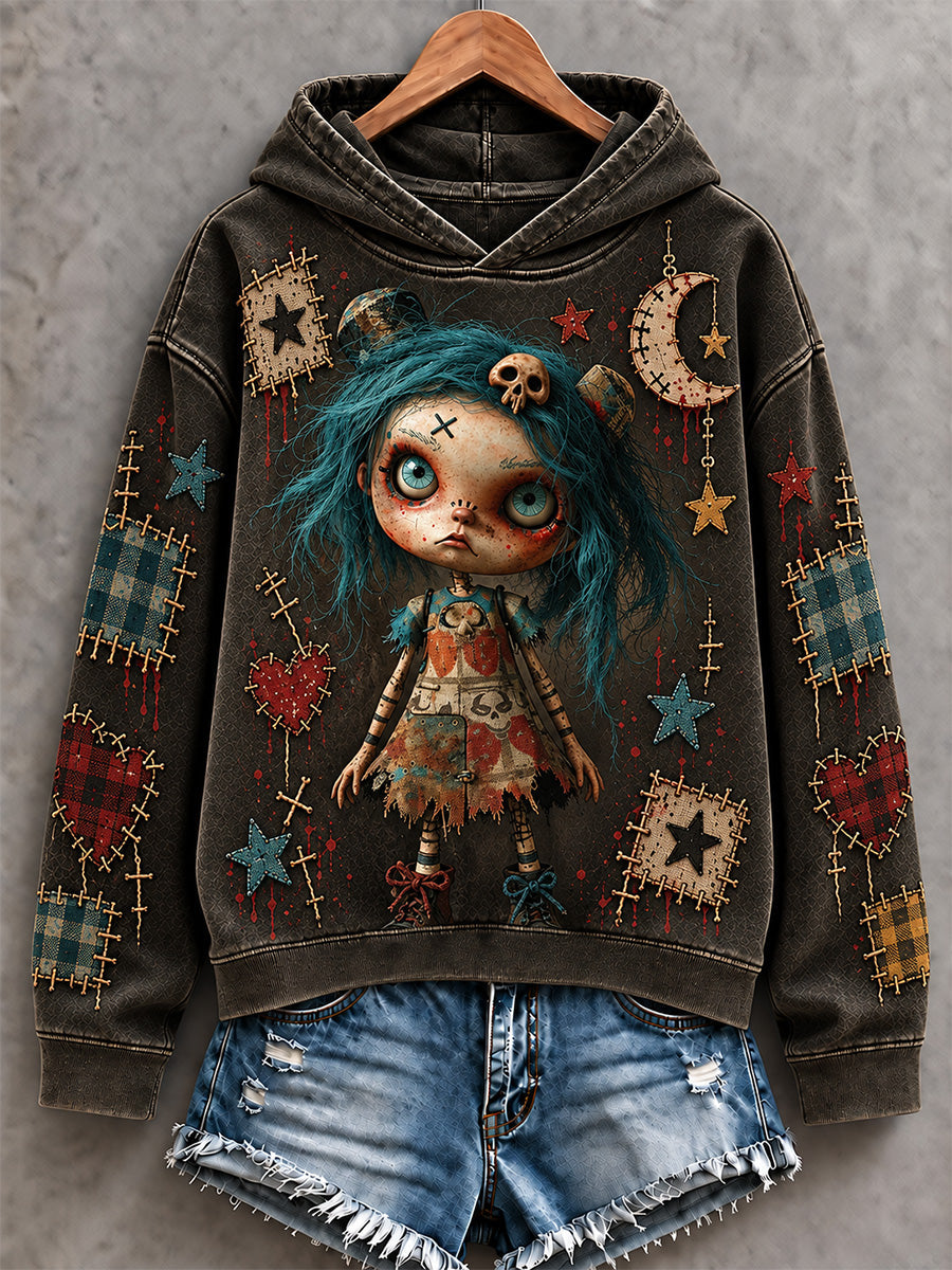 Women's Halloween Creepy Dolls Patchwork Print Casual Hoodie gracestitchs