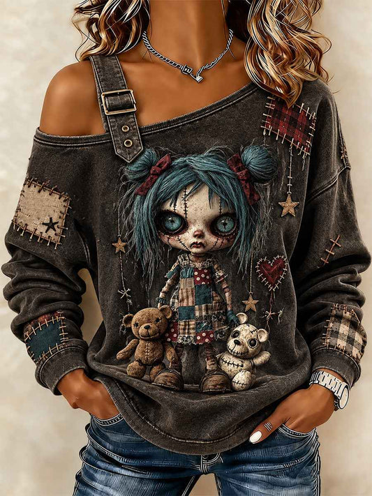 Women's Halloween Creepy Dolls Patchwork Print Casual Off-Shoulder Sweatshirt