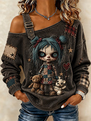 Women's Halloween Creepy Dolls Patchwork Print Casual Off-Shoulder Sweatshirt gracestitchs