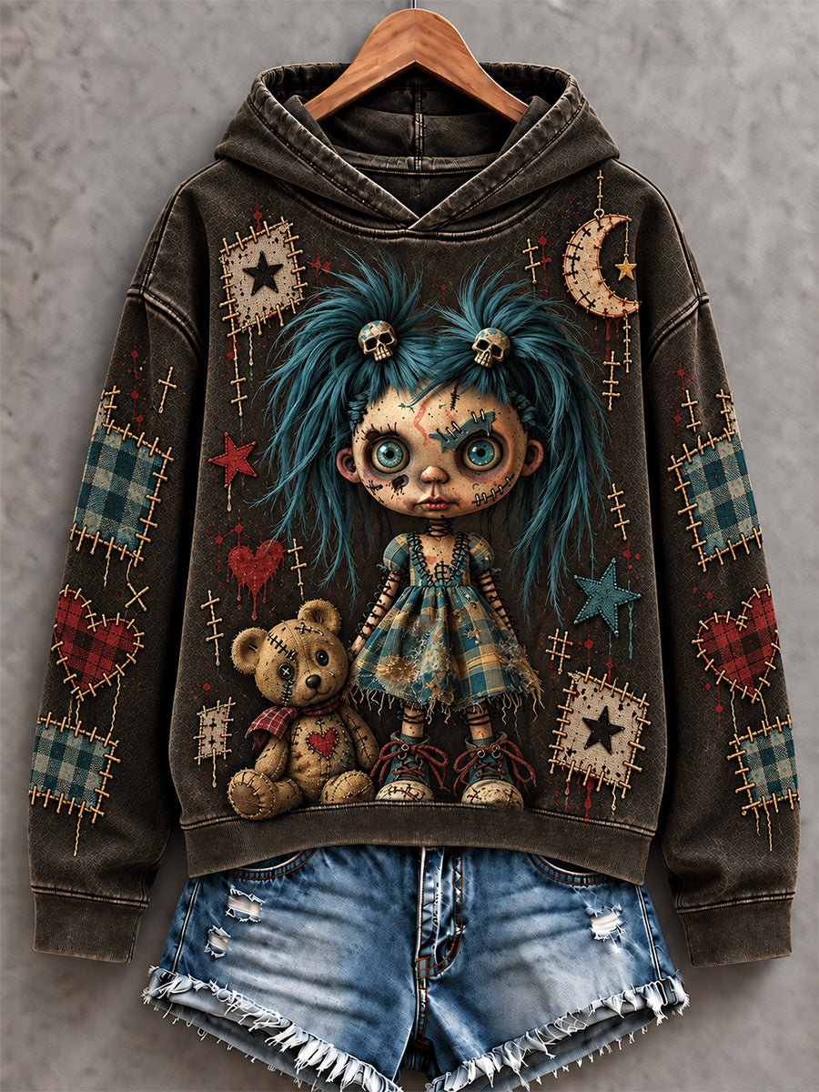 Women's Halloween Creepy Dolls Patchwork Print Casual Off-Shoulder Sweatshirt gracestitchs