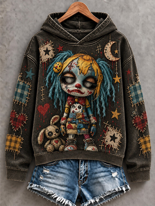 Women's Halloween Creepy Dolls Patchwork Print Casual Hoodie gracestitchs