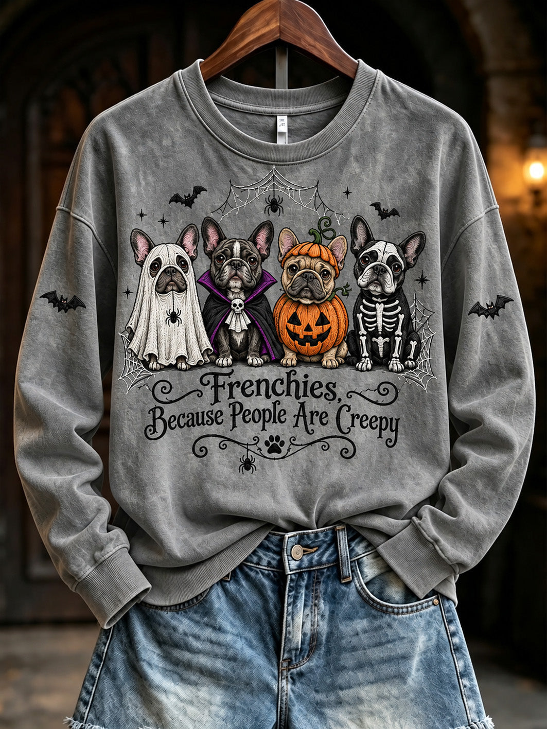 Women's  Frenchies Because People Are Creepy Halloween Dogs Print Regular Sweatshirt gracestitchs